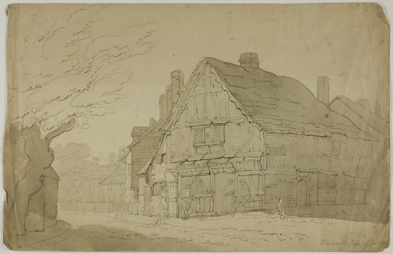 Kuźnia w Guildford (recto); Szkic dwóch pni drzew (verso) autorstwa George Wallwyn Shepheard