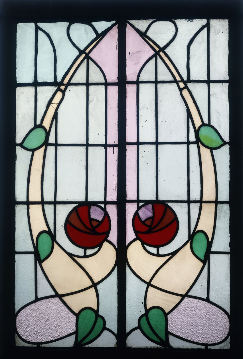 Panel witrażowy przedstawiający stylizowane róże (witraż ołowiowy, rama drewniana) autorstwa George Walton