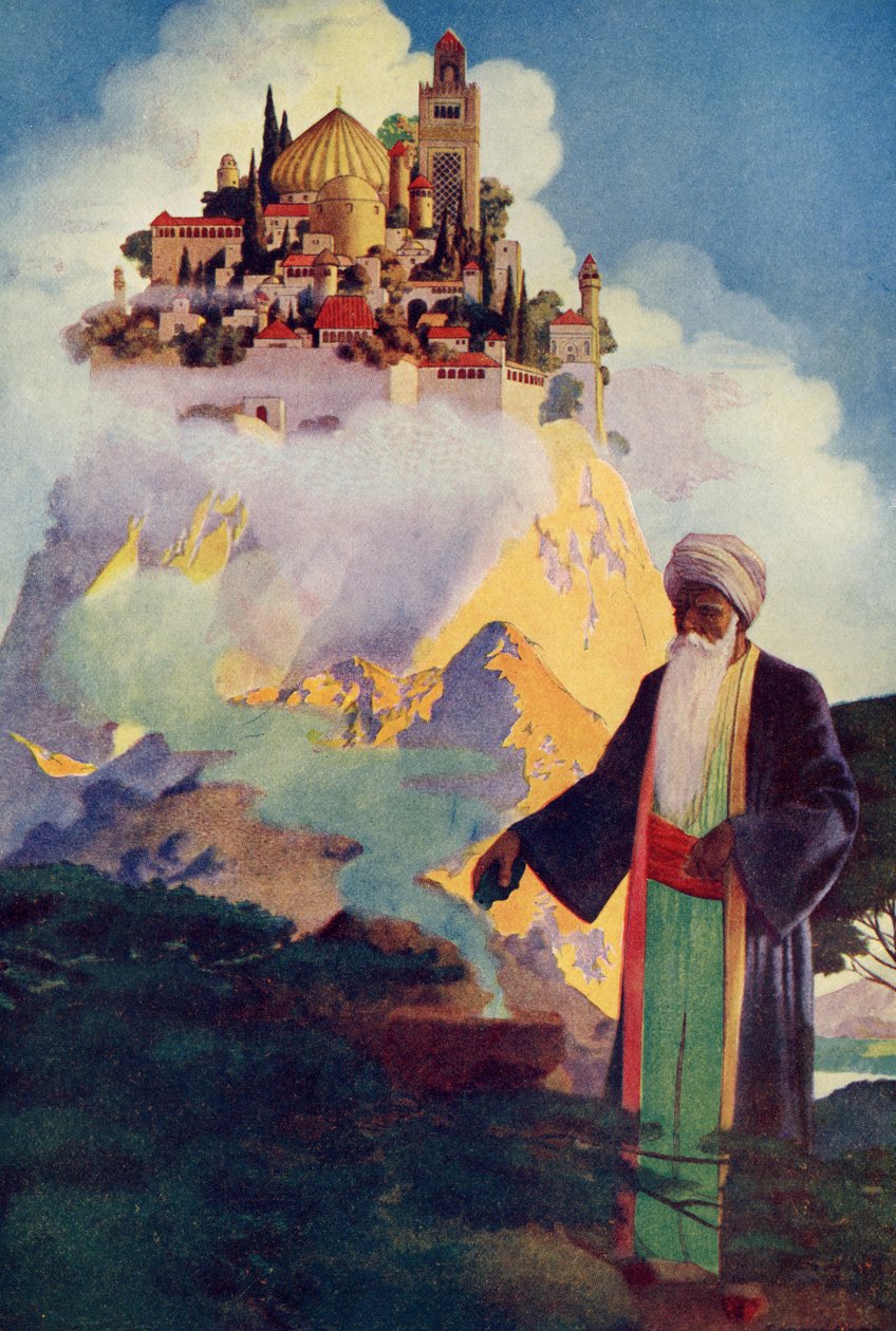 Na szczycie wzgórza stoi jeden z najwspanialszych pałaców, ilustracja z „Legends of the Alhambra” Washingtona Irvinga (1783-1859) wydanej przez Lippincott autorstwa George Washington Hood