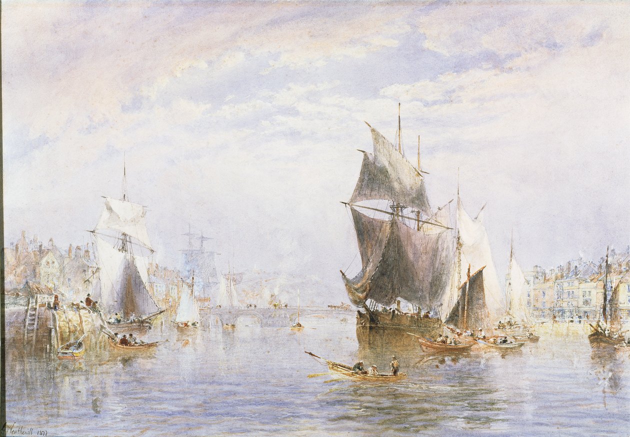Mały statek na rzece w Whitby przy Whitby Bridge, 1877 (wc i zdrapywanie) autorstwa George Weatherill