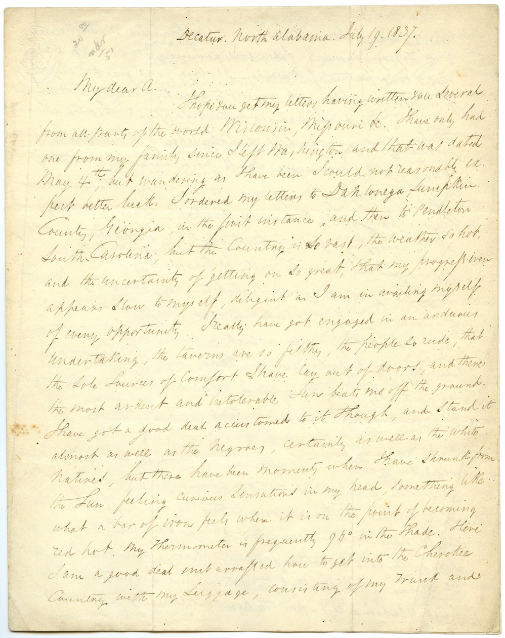 Niekompletny list [G.W. Featherstonhaugh], Decatur, NC, do pułkownika Aberta [John James Abert], 19 lipca 1837 autorstwa George William Featherstonhaugh