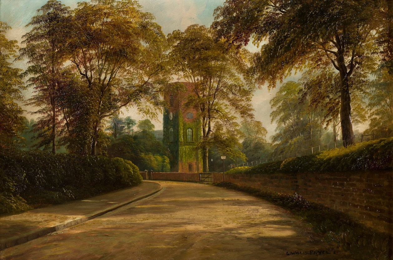 Wieża kościoła św. Marii i św. Małgorzaty, Zamek Bromwich, Warwickshire, ok. 1886-1949 (olej na płótnie) autorstwa George Willis Pryce