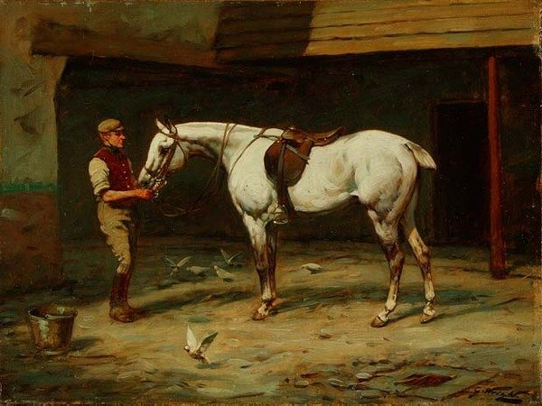 Pan młody w stajni (olej na płótnie) autorstwa George Wright