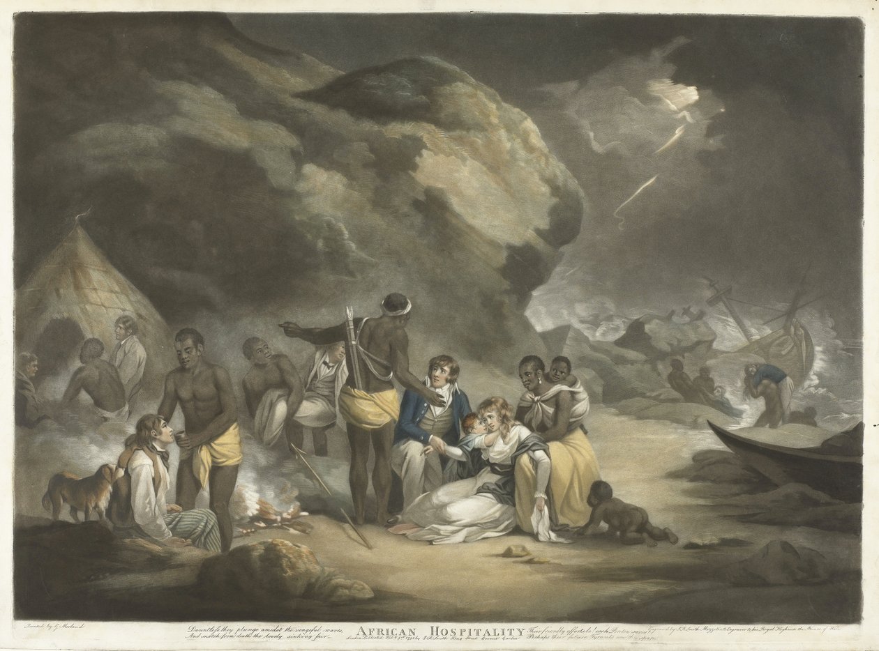 African Hospitality, pub.1791 (ręcznie barwiony grawerunek) autorstwa George after Morland