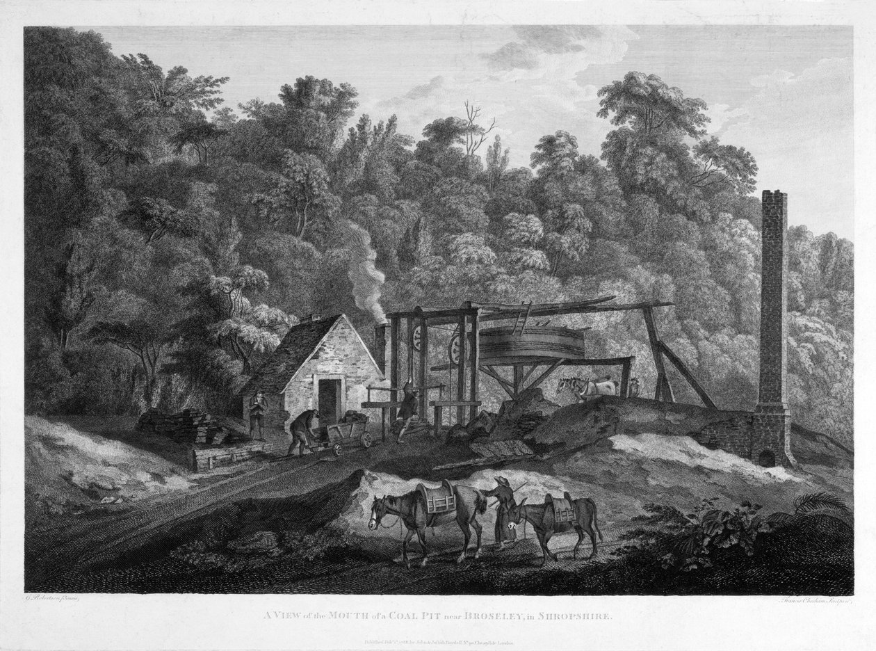 Widok ujścia szybu węglowego w pobliżu Broseley w Shropshire, rytowany przez Francisa Cheshama (1749-1806) 1788 autorstwa George after Robertson
