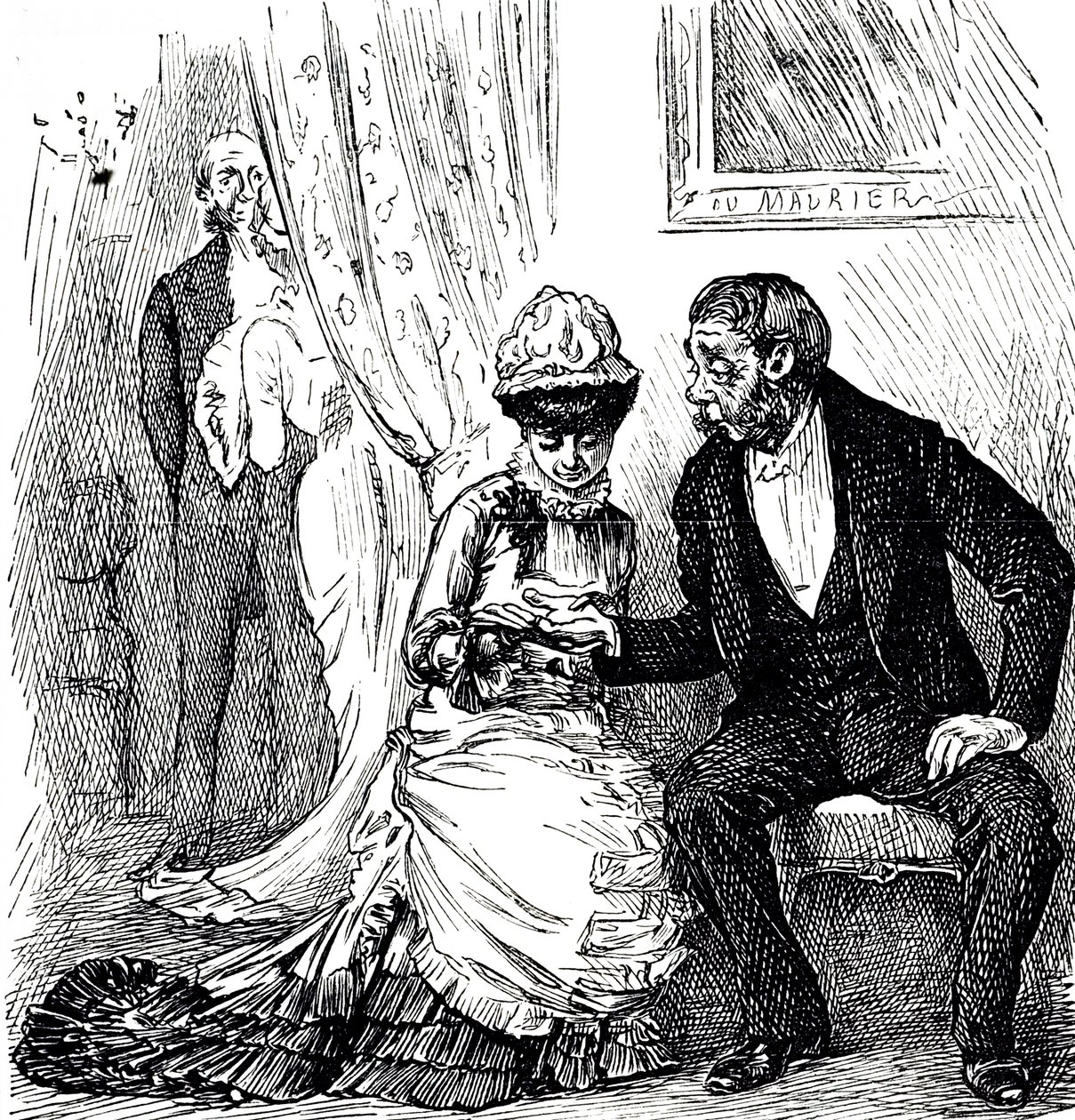 Karykatura komentująca popularność chiromancji wśród zamożnych. Ilustrowany George du Maurier (1834-1896), francusko-brytyjski rysownik i autor autorstwa George du Maurier