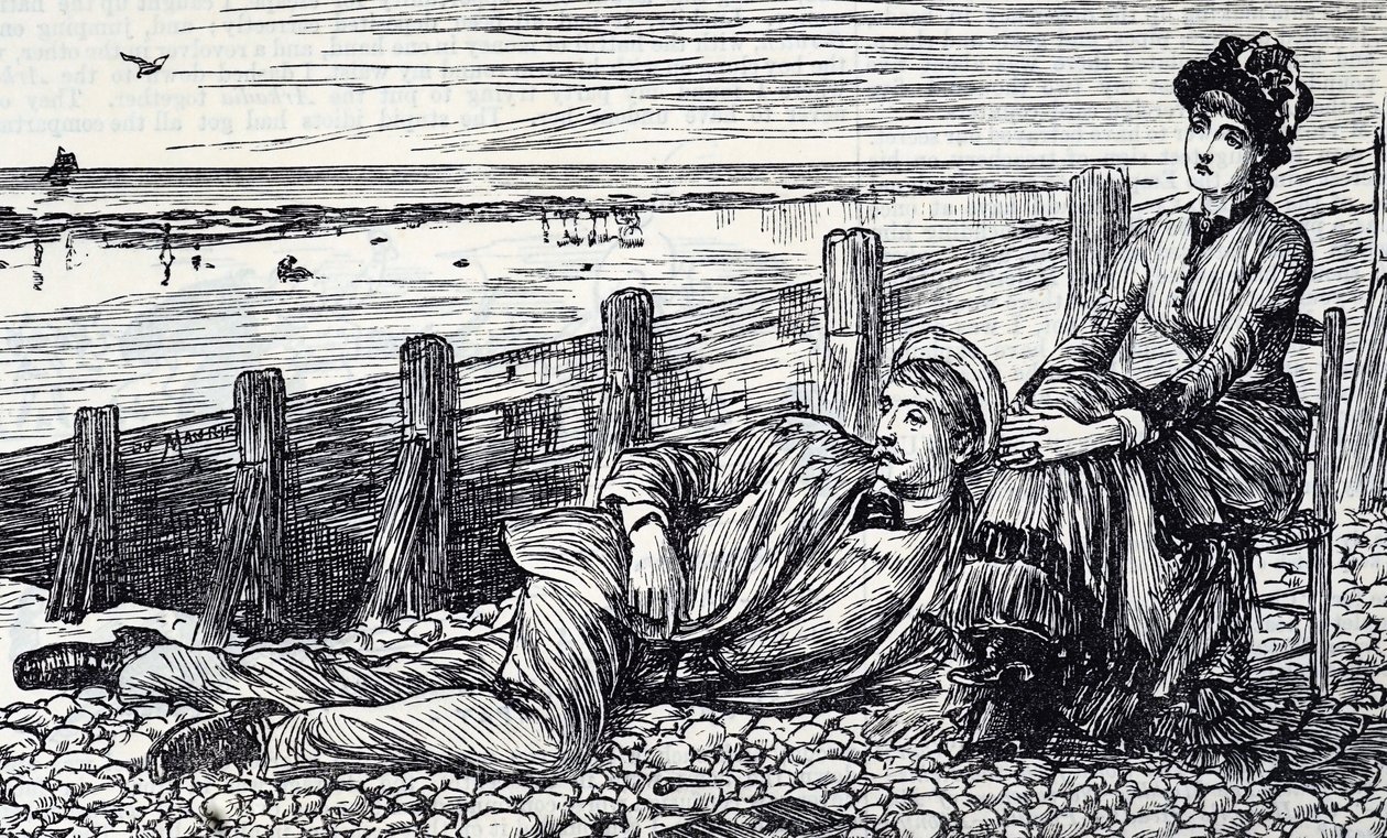 Kreskówka przedstawiająca parę spędzającą miesiąc miodowy na kamienistej plaży autorstwa George du Maurier