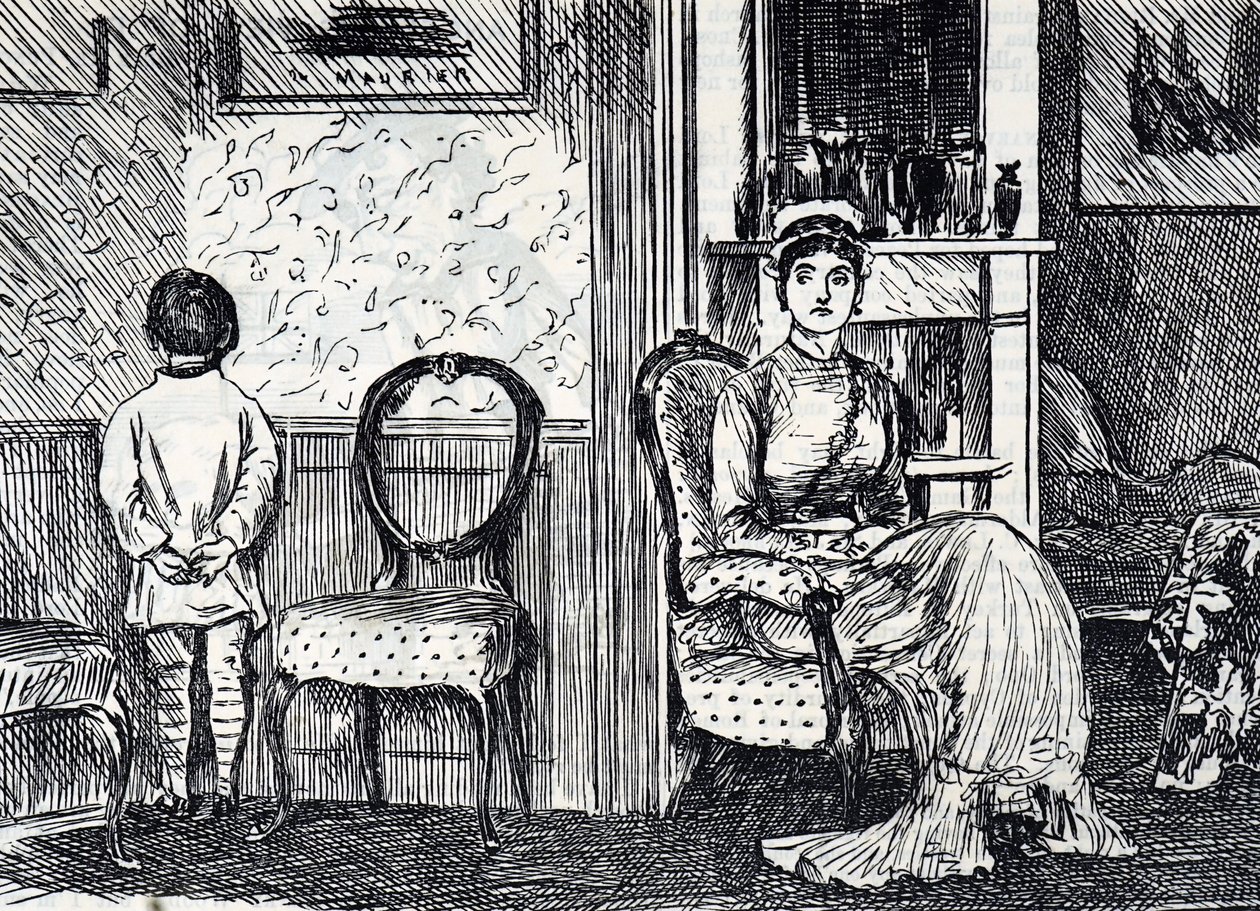 Kreskówka przedstawiająca matkę karzącą syna, zmuszając go do stania twarzą do ściany autorstwa George du Maurier