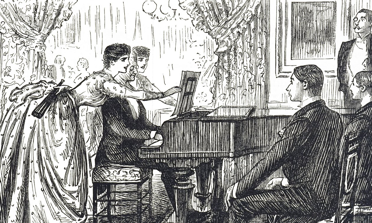 Kreskówka przedstawiająca muzyczny wieczór w domu autorstwa George du Maurier