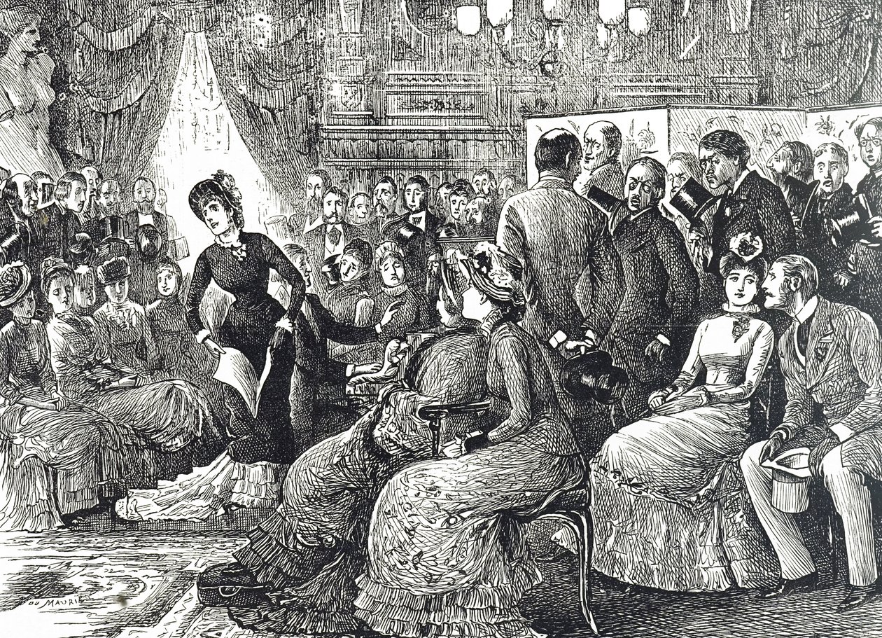 Komiks przedstawiający typowy koncert w salonie autorstwa George du Maurier