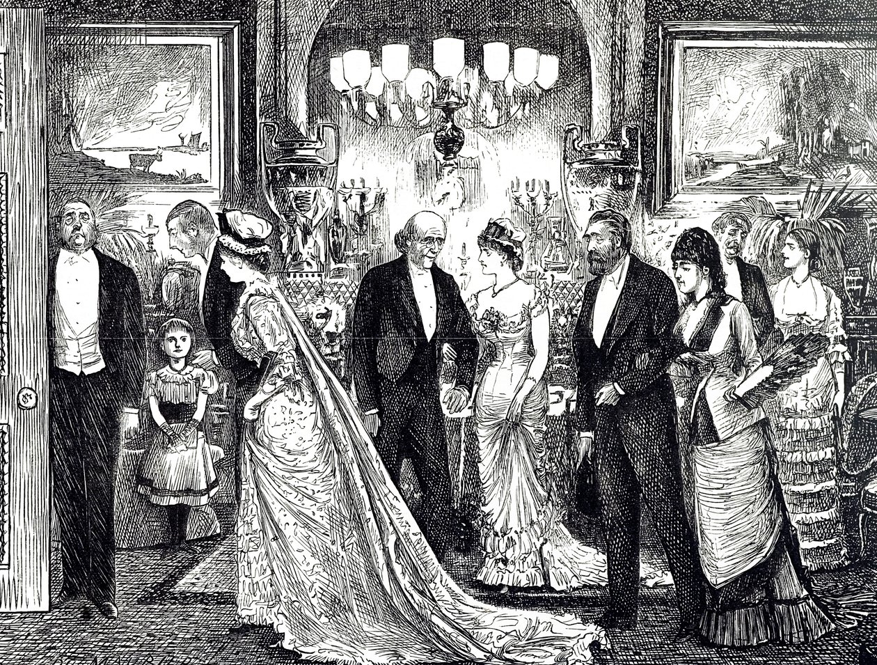Kreskówka przedstawiająca elegancki wieczór w wiktoriańskim domu autorstwa George du Maurier