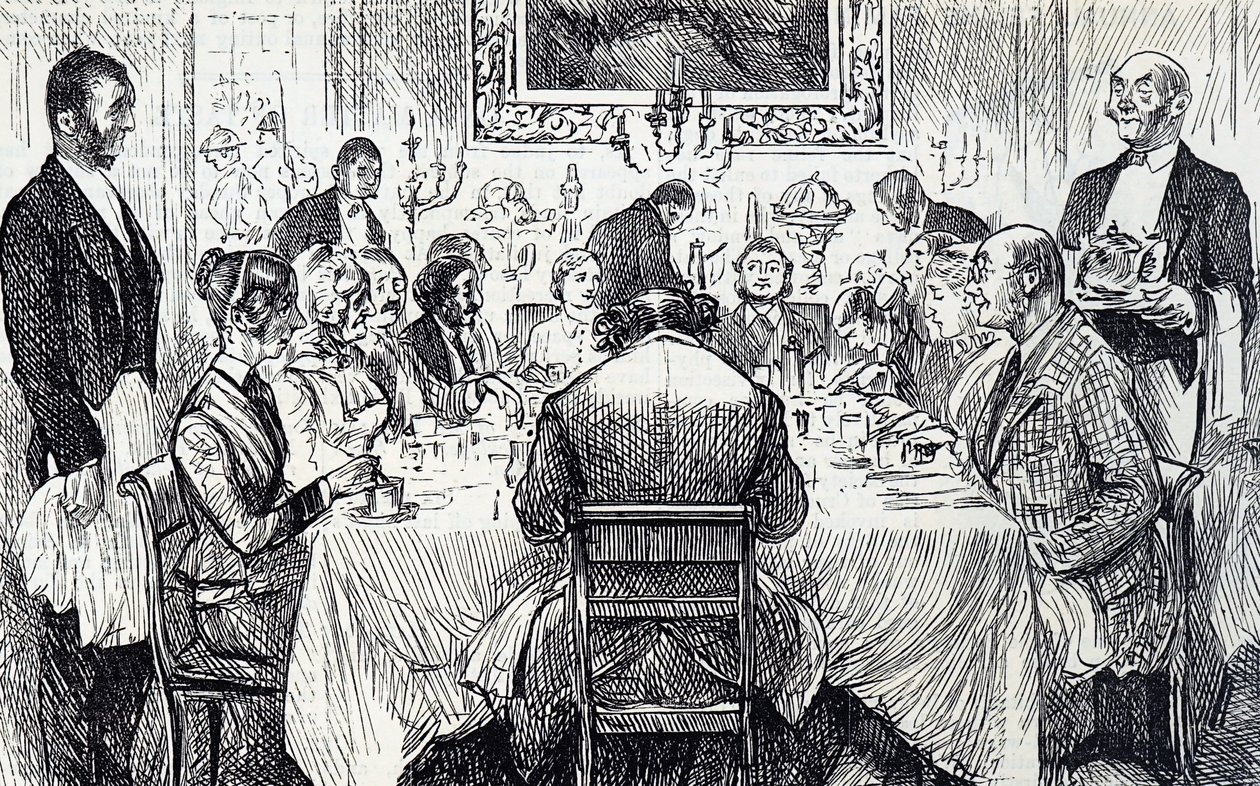 Kreskówka przedstawiająca elegancki wieczór w wiktoriańskim domu autorstwa George du Maurier