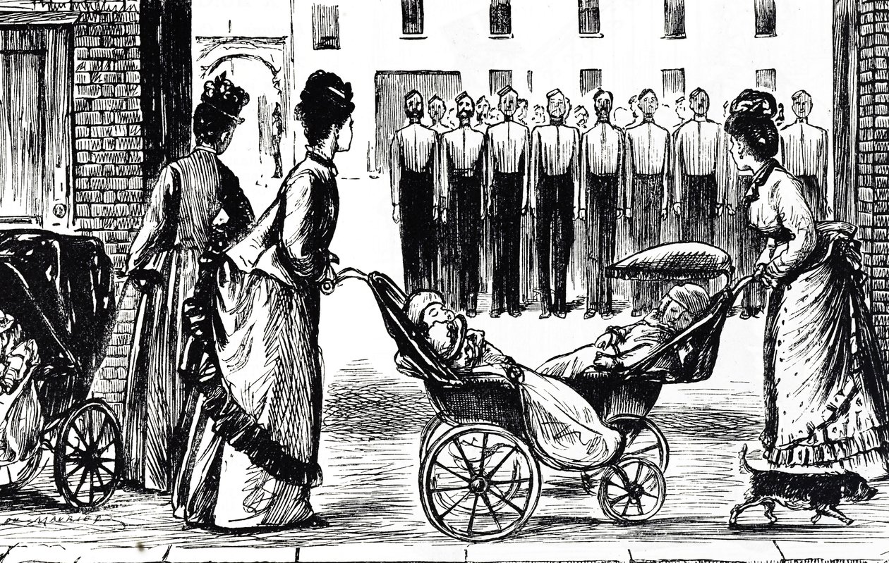 Komiks przedstawiający pielęgniarki jadące wózki obok baraków autorstwa George du Maurier