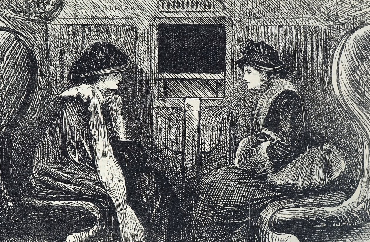 Kreskówka przedstawiająca pasażerów w londyńskim metrze autorstwa George du Maurier