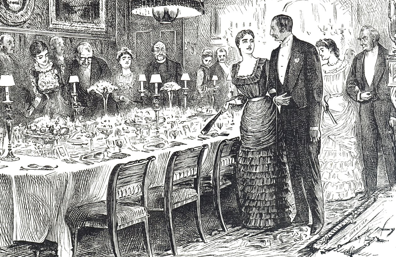 Komiks zatytułowany „Going into Dinner” przedstawiający młodą parę wchodzącą do jadalni autorstwa George du Maurier