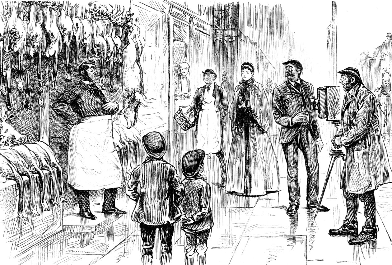 Grawerunek przedstawiający rzeźnika i drobiarza fotografowanego przed wystawą bożonarodzeniową autorstwa George du Maurier. George du Maurier (1834-1896) francusko-brytyjski rysownik i pisarz. Datowany na XIX wiek © UIG/Leemage autorstwa George du Maurier