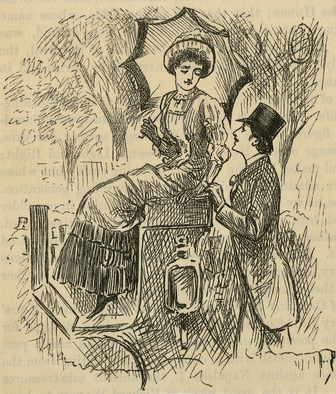 Flirt. Ilustracja autorstwa George du Maurier (1834-1896) opublikowana w 1882 roku. autorstwa George du Maurier