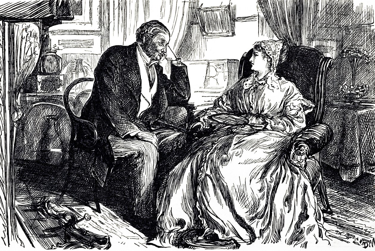 Kreskówka Georgesa du Mauriera ilustrująca mężczyznę i kobietę w rozmowie o uspokajających korzyściach oleju z wątroby dorsza. Anglia 1869 autorstwa George du Maurier