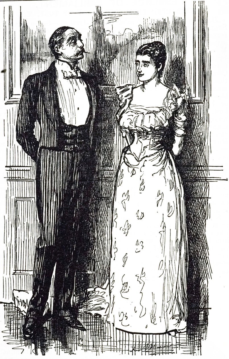 Kreskówka Georgesa du Mauriera ilustrująca mężczyznę i kobietę w rozmowie na imprezie towarzyskiej, Anglia 1891 autorstwa George du Maurier