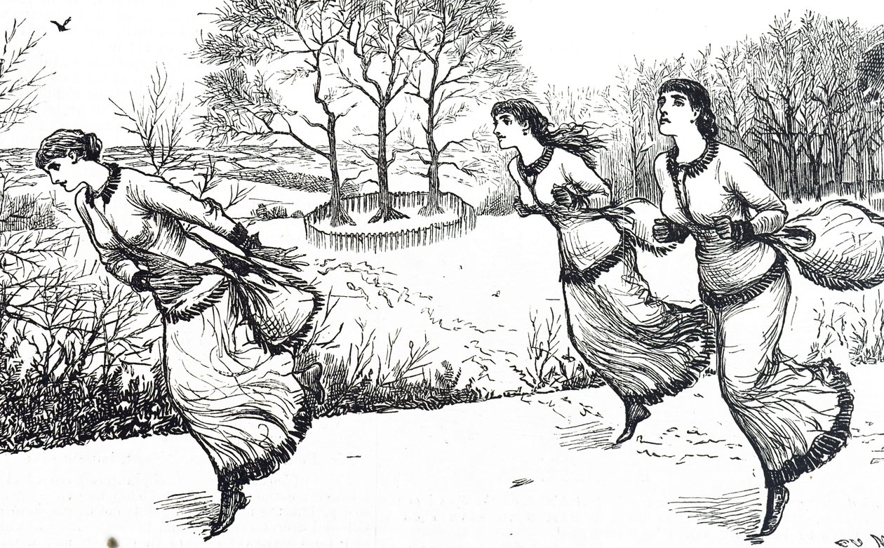Ilustracja przedstawiająca dziewczyny wytyczające szlak dla zająca i ogarów autorstwa George du Maurier
