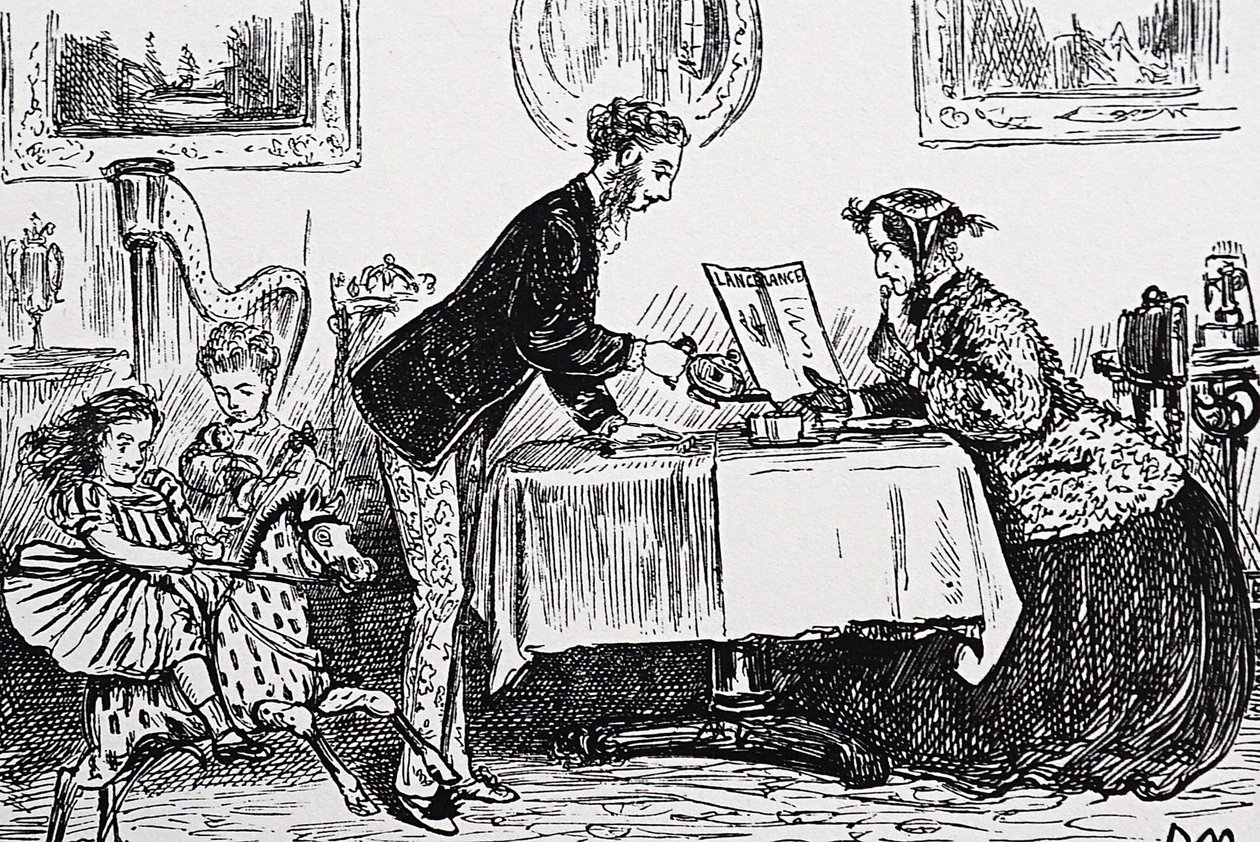 W 1865 Elizabeth Garrett Anderson otrzymała licencję na wykonywanie zawodu lekarza jako pierwsza kobieta-lekarz autorstwa George du Maurier