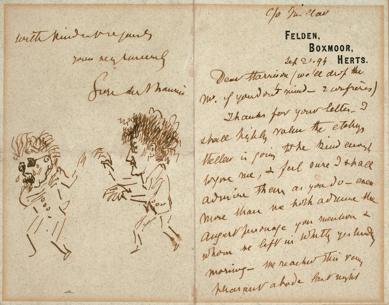 List z rysunkiem Whistlera grożącego Du Maurierowi autorstwa George du Maurier