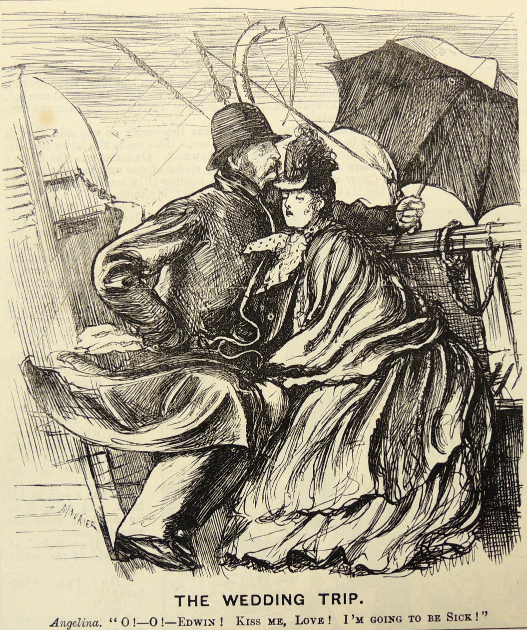 Podróż ślubna: para poślubna cierpiąca na chorobę morską podczas przekraczania kanału La Manche. Kreskówka George du Maurier z „Punch”, Londyn autorstwa George du Maurier