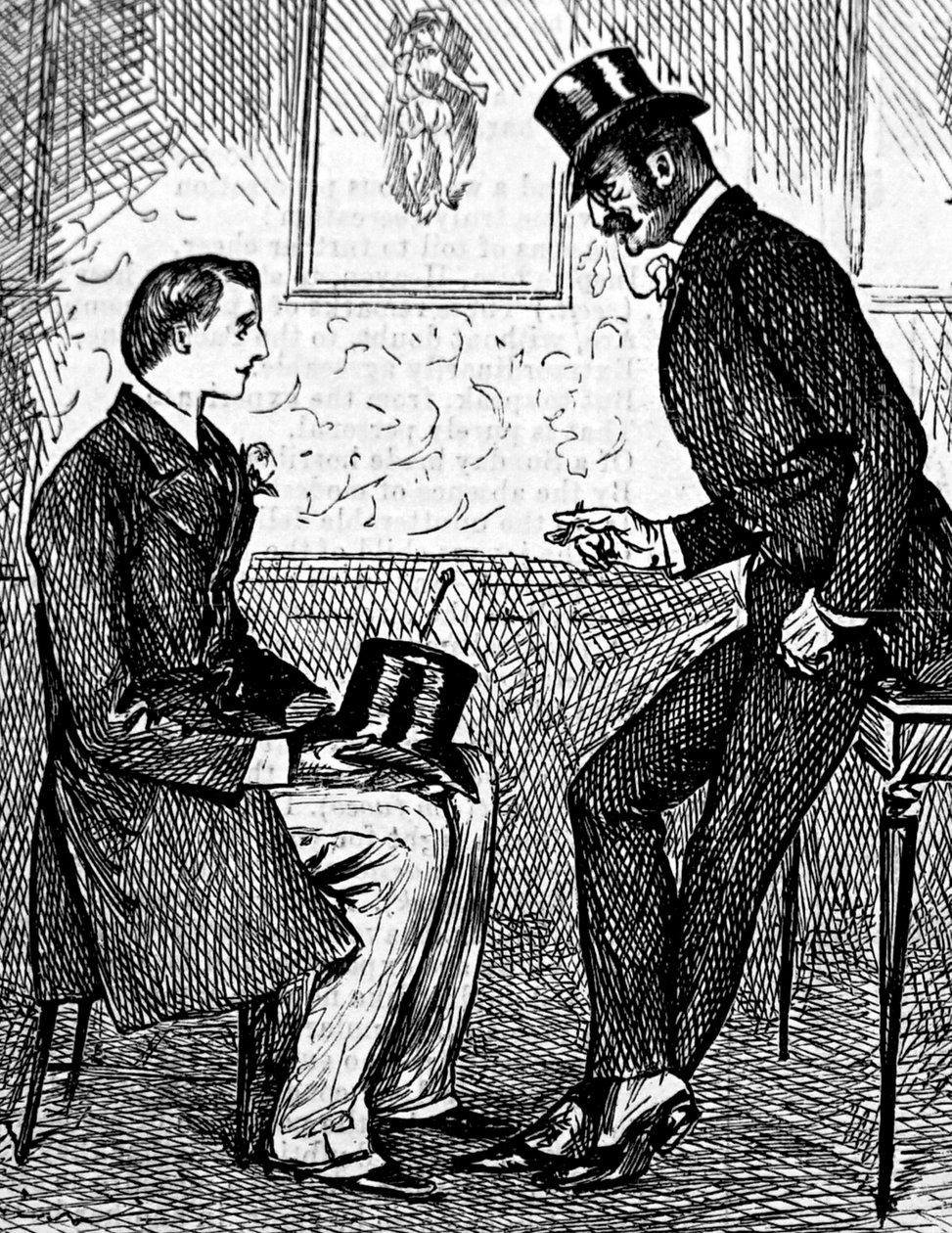 Dwóch panów pali cygaro i rozmawia po obiedzie autorstwa George du Maurier