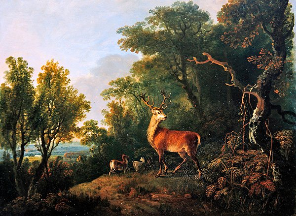 Jeleń i trzy łanie w zalesionym krajobrazie (olej na desce) autorstwa George the Elder Barret