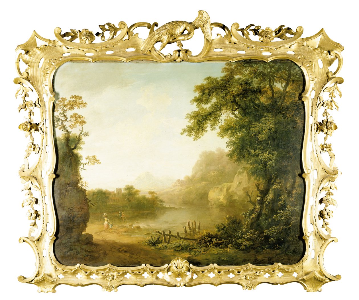 Włoski krajobraz zalesionej rzeki z postaciami na pierwszym planie i wsią za nią, 1755 autorstwa George the Elder Barret