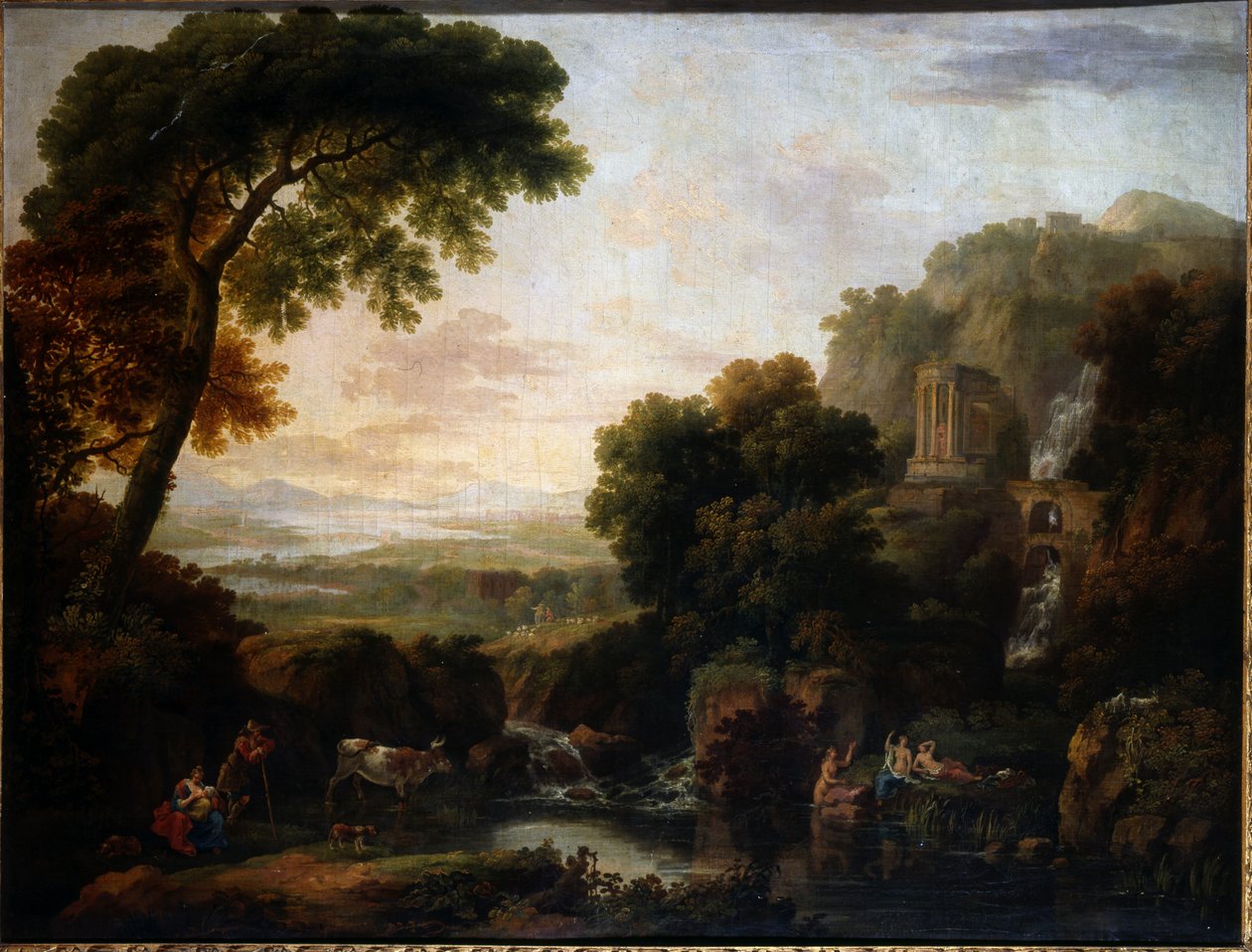 Italianate krajobraz z capriccio widok Tivoli, pasterza i pasterki i bydła autorstwa George the Elder Barret