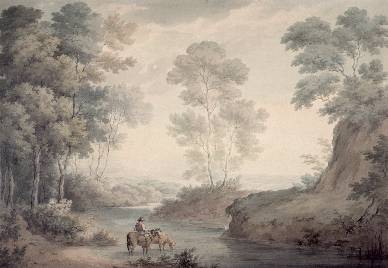 Krajobraz z rzeką i pojonymi końmi autorstwa George the Elder Barret