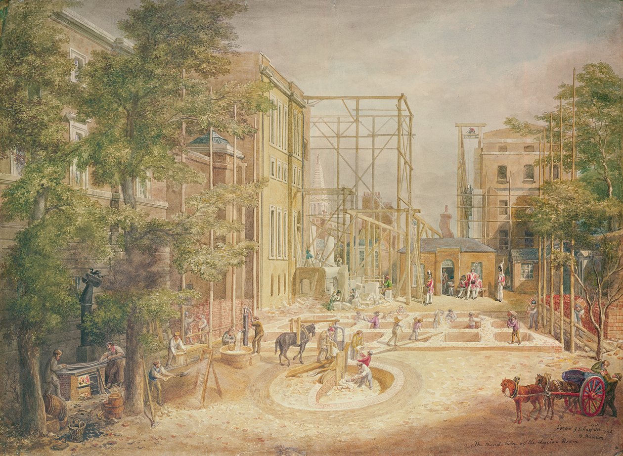 Układanie fundamentów sali licyjskiej, British Museum, 1845 (wc na papierze) autorstwa George the Elder Scharf