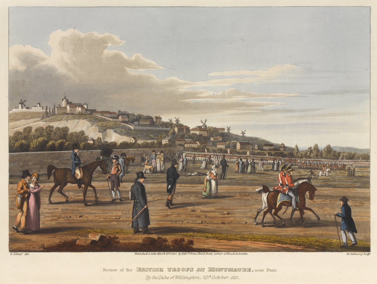 Recenzja wojsk brytyjskich pod Montmatre [sic] pod Paryżem, autorstwa księcia Wellington, 21 października 1815 r., rycina M. Dubourg, 1819 (kolorowa akwatinta) autorstwa George the Elder Scharf