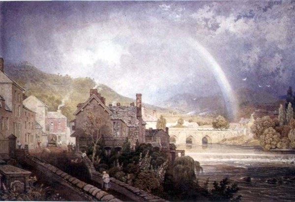 Village and Bridge of Llangollen, Północna Walia, z efektem tęczy autorstwa George the Younger Barret