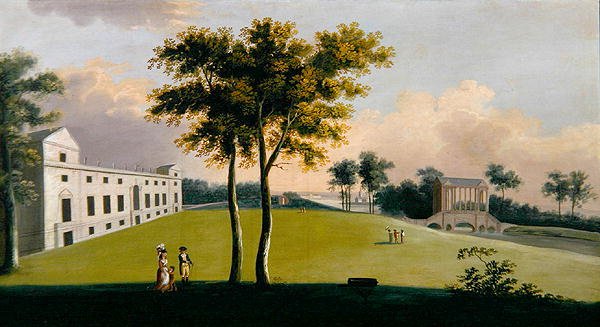 Front południowy Wilton House i most Palladian na wschodzie, Salisbury (olej na płótnie) autorstwa George the Younger Cuitt