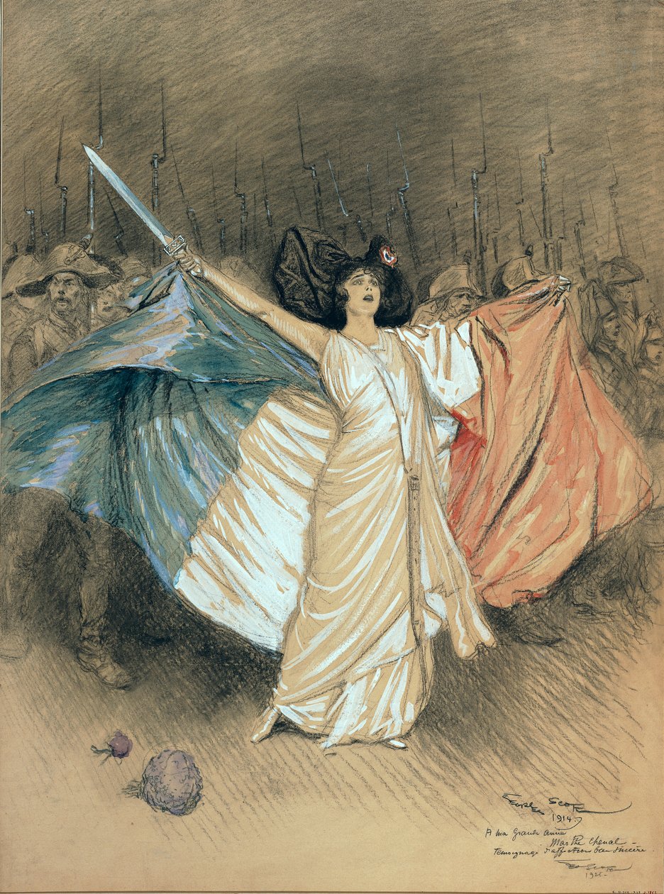 Marthe Chenal (1881-1947) Śpiew Marsylianki, 1914 (ołówek i toaleta na papierze) autorstwa Georges Bertin Scott