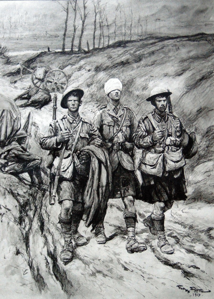 Szkoccy żołnierze pomagający rannemu oficerowi, 1917 autorstwa Georges Bertin Scott