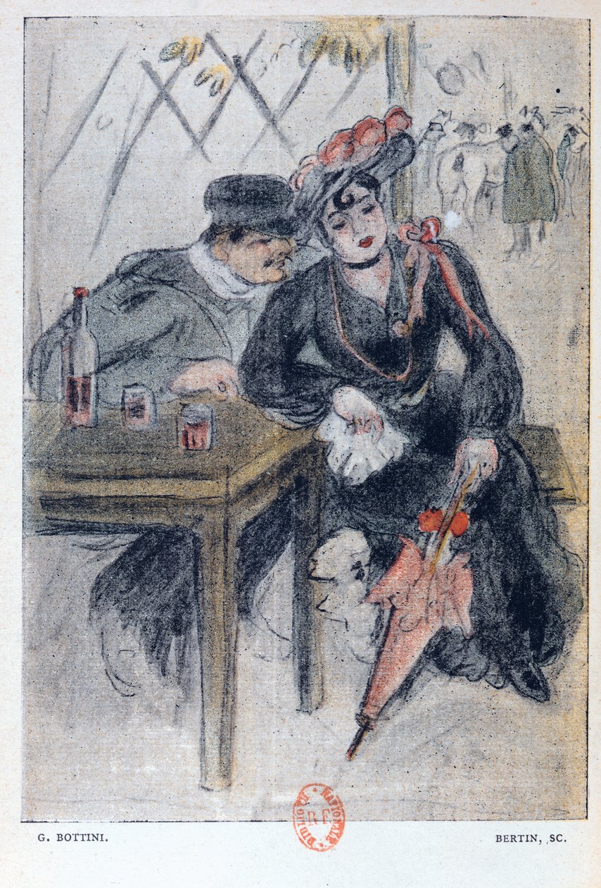 Prostytutka i jej klient, ilustracja z „La Maison Philibert” Jeana Lorraina (1855-1906) wydanej w 1904 roku autorstwa Georges Bottini
