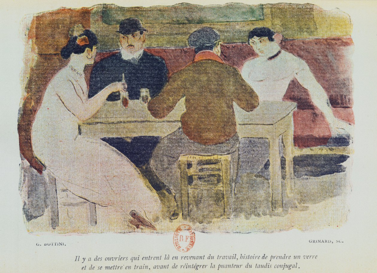 Picie robotników, ilustracja z „La Maison Philibert” Jeana Lorraina (1855-1906) opublikowana w 1904 r. autorstwa Georges Bottini