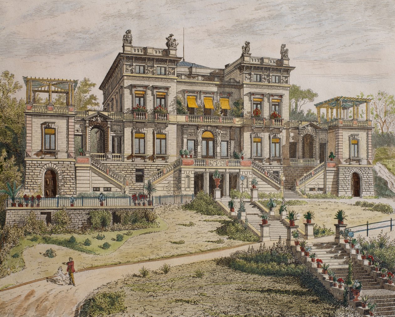 Zamek koło Stuttgartu, front ogrodu, ilustracja z "Le Moniteur des architectes", 1881 (rycina kolorowa) autorstwa Georges Felix Garen