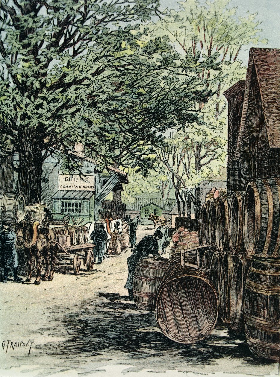 Magazyny wina w Bercy w Paryżu, 1890 (rycina kolorowa) autorstwa Georges Fraipont