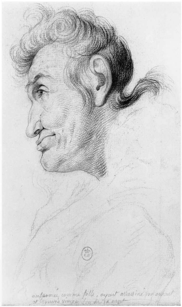 Zamknięta jak szalona, zamordowała kochanka i znalazła dziewicę po jej śmierci, ilustracja z nieopublikowanego traktatu Jeana Etienne Dominique Esquirola (1772-1840) na temat szaleńców z Salpetriere a autorstwa Georges Francois Gabriel