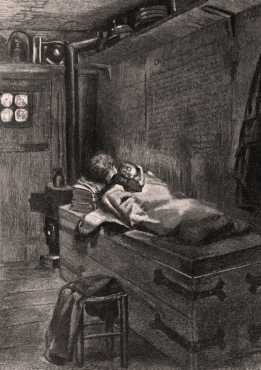 Gwynplaine i Dea śpiące na klatce piersiowej - ilustracja z L