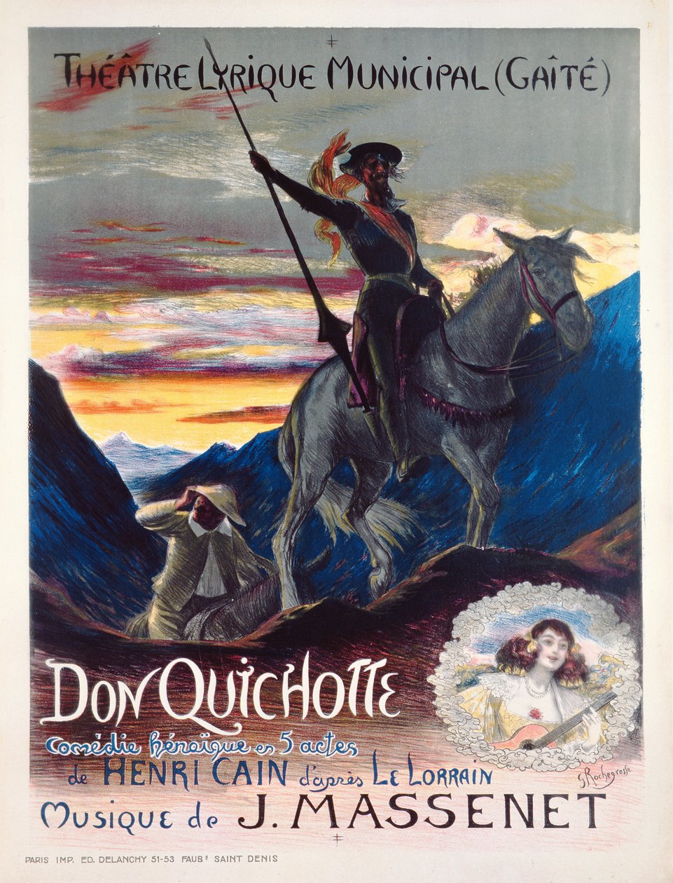 Plakat reklamujący pierwszą produkcję opery Don Quichotte w teatrze yaite-Lyrique w Monte Carlo, 19 lutego 1910 autorstwa Georges Marie Rochegrosse