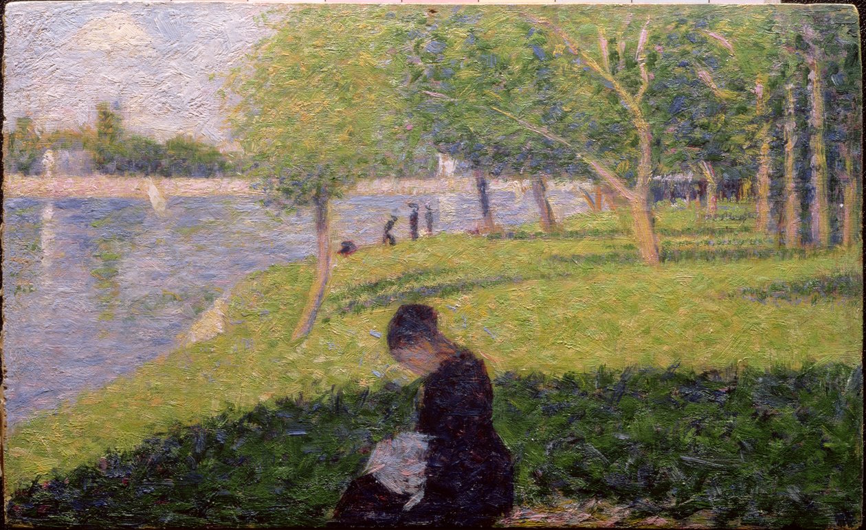 Krawcowa, czyli niedziela w Grande Jatte, studium „Niedzielne popołudnie na wyspie La Grande Jatte”, c.1884-6 (panel) (patrz także 415) autorstwa Georges Seurat