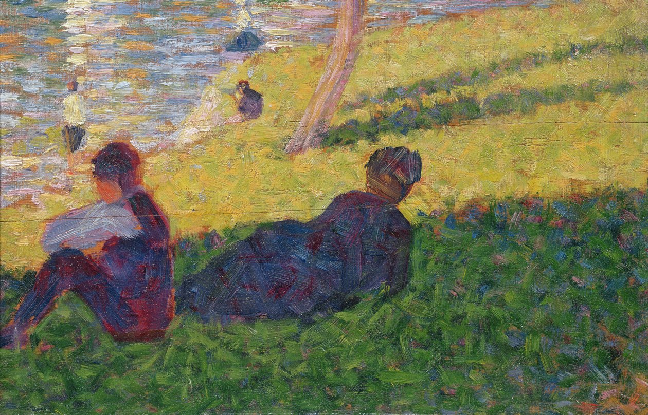 Siedzący mężczyzna i leżąca kobieta, studium do Niedzielnego popołudnia na wyspie La Grande Jatte, 1884 autorstwa Georges Seurat