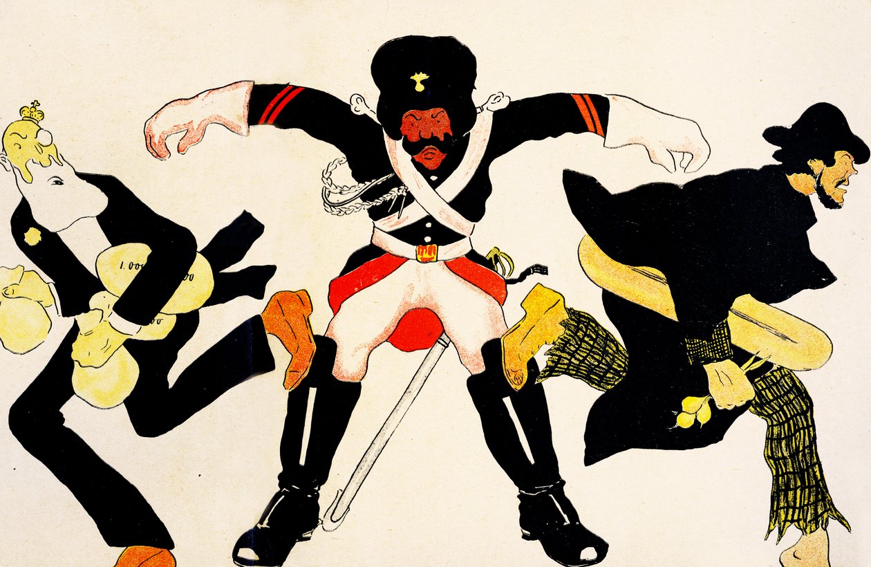 Belgijski oficer próbuje powstrzymać Leopolda II kradnącego pieniądze i chłopa kradnącego jedzenie, 1904 r. autorstwa Georges d 1878 1937 Ostoya