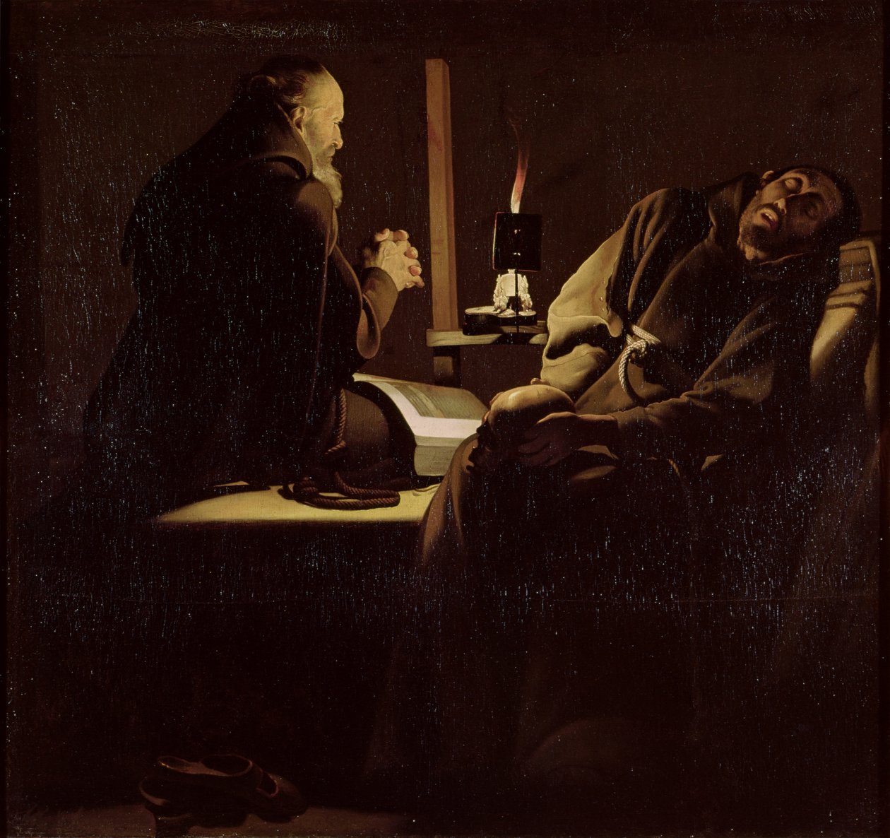 Ekstaza św. Franciszka, mnich na modlitwie z umierającym mnichem, 1640-45 autorstwa Georges de La Tour