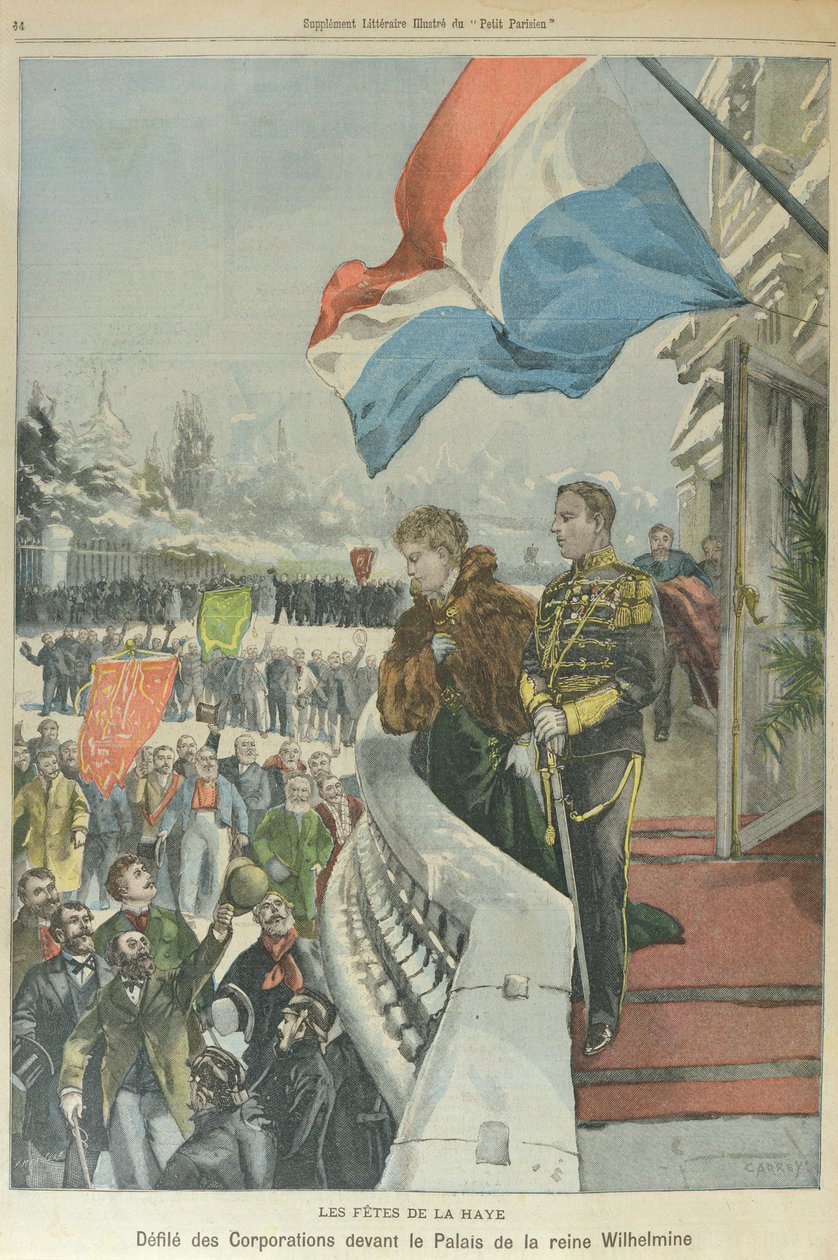 Procesja korporacji w Hadze przed królową Wilhelminą Niderlandzką z okazji jej ślubu z księciem Henrykiem Meklemburskim, luty 1901 r. (kolorowa litografia) autorstwa Georges (after) Carrey